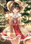  1girl ahoge black_hair blush brown_eyes christmas_tree coat hat hibikitooru idolmaster idolmaster_cinderella_girls kohinata_miho lens_flare looking_at_viewer short_hair smile solo 