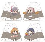  4girls ahoge akebono_(kantai_collection) apron bandaid bandaid_on_face blue_hair blush brown_eyes brown_hair bunny_hair_ornament chibi crab drooling female flower food fried_chicken full_body hair_bobbles hair_flower hair_ornament highres holding holding_food inishie jitome kantai_collection long_hair long_sleeves maid_apron messy_hair minigirl multiple_girls oboro_(kantai_collection) onigiri pink_hair plant purple_hair restrained sandals sazanami_(kantai_collection) school_uniform serafuku short_hair side_ponytail simple_background skirt smile sweatdrop sweet_potato tape toothpick twintails uniform ushio_(kantai_collection) violet_eyes white_background white_skirt 