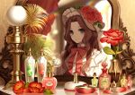  1girl :&gt; black_eyes blurry blush bottle brown_hair closed_mouth cosmetics depth_of_field flower hat long_hair looking_at_viewer mirror neck_ribbon original perfume_bottle petals plant rainbow red_ribbon red_rose reflection ribbon rose smile solo srb7606 vase wallpaper_(object) wavy_hair 