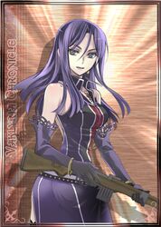  1girl black_gloves brown_eyes copyright_name elbow_gloves frederica_lipps gloves gun holding holding_gun holding_weapon kuramoto_kaya long_hair lowres purple_hair riffle senjou_no_valkyria senjou_no_valkyria_3 solo weapon 