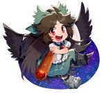  1girl :d ahoge arm_cannon bangs bird_wings black_hair black_wings blouse blush bow cape chibi collared_shirt eyeball eyebrows_visible_through_hair frilled_shirt frilled_shirt_collar frilled_skirt frills green_bow green_skirt hair_ribbon hand_on_own_arm kiri_futoshi large_wings loafers long_hair mismatched_footwear open_mouth outline parted_bangs ponytail puffy_short_sleeves puffy_sleeves red_eyes reiuji_utsuho ribbon round_teeth shirt shoes short_sleeves sidelocks signature skirt smile solo starry_sky_print teeth thick_eyebrows thigh-highs touhou transparent_background very_long_hair weapon white_outline white_shirt wings 