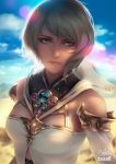  1girl artist_name ashelia_b&#039;nargin_dalmasca blonde_hair blue_sky clouds collaboration detached_sleeves final_fantasy final_fantasy_xii jonathan_hamilton lens_flare lisa_buijteweg looking_to_the_side sailor_collar shade short_hair sky solo upper_body 