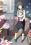  1girl apron black_apron black_hair blurry bouquet brown_eyes capri_pants contrapposto depth_of_field employee_uniform flower flower_shop full_body head_tilt indoors loafers long_sleeves looking_at_viewer low_twintails murano night no_socks object_hug open_door original pants petals pigeon-toed plant potted_plant shadow shelf shoes shop short_hair sky solo standing star_(sky) starry_sky twintails uniform 