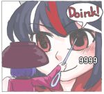  2girls black_hair bowl bowl_hat comic damage_numbers english hat hell_angel japanese_clothes kijin_seija kimono minigirl multicolored_hair multiple_girls needle pain purple_hair red_eyes smile streaked_hair sukuna_shinmyoumaru touhou 