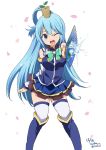  1girl aqua_(konosuba) blue_eyes blue_hair blush detached_sleeves fan folding_fan highres kono_subarashii_sekai_ni_shukufuku_wo! long_hair matching_hair/eyes open_mouth ragho_no_erika smile solo thigh-highs winking 