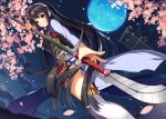  1girl absurdly_long_hair akanebi armor bangs black_hair blue_eyes blue_moon breastplate cherry_blossoms clouds cloudy_sky dutch_angle from_below full_moon hairband holding holding_weapon japanese_armor japanese_clothes kusazuri lace lace-trimmed_panties light_smile long_hair looking_at_viewer moon naginata night night_sky original over-kneehighs panties pantyshot pantyshot_(standing) petals polearm sky solo standing thigh-highs thighs tower underwear very_long_hair weapon white_legwear white_panties 