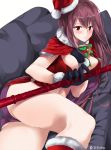  1girl absurdres alternate_costume amu_(258shin) between_breasts black_gloves blush breasts christmas commentary_request fate/grand_order fate_(series) gae_bolg gloves hat highres holding holding_weapon large_breasts long_hair looking_at_viewer panties polearm purple_hair purple_panties red_eyes santa_costume santa_hat scathach_(fate/grand_order) smile solo spear sweatdrop thighs twitter_username underwear very_long_hair weapon 