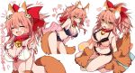  &gt;:3 /\/\/\ :3 :d ^_^ animal_ears artist_request bell bell_collar black_bra black_panties blush bow bra breasts cleavage closed_eyes collar contrapposto eyebrows_visible_through_hair fang fate/grand_order fate_(series) fox_ears fox_tail hair_between_eyes hair_bow hair_ornament heart jingle_bell large_breasts leaning_forward light_brown_eyes navel open_mouth panties paws pink_bra pink_hair pink_panties ponytail ribbon-trimmed_bra ribbon-trimmed_panties sitting smile tail tamamo_cat_(fate/grand_order) underwear underwear_only white_bra 