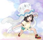  1girl bangs bare_arms bare_legs beanie black_hair blue_eyes bracelet chiimako collarbone eyebrows_visible_through_hair eyelashes eyes_visible_through_hair female_protagonist_(pokemon_sm) floral_print green_shorts hat holding jellyfish jewelry nihilego on_head pokemon pokemon_(game) pokemon_sm red_hat shirt shoes short_hair short_sleeves shorts sneakers sweat swept_bangs tentacle tied_shirt ultra_beast wide_stance yellow_shirt z-ring 