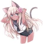  1girl animal_ears arms_up blonde_hair cat_ears cat_tail eyebrows_visible_through_hair flower foreshortening green_eyes hair_flower hair_ornament japanese_flag kantai_collection leaning_forward long_hair looking_at_viewer one-piece_swimsuit open_mouth parted_lips ro-500_(kantai_collection) simple_background smile solo swimsuit swimsuit_under_clothes tail tan tanline white_background yumesato_makura 
