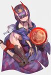  1girl alcohol bottle breasts cup fate/grand_order fate_(series) forehead_jewel from_above highres horns lack leg_ribbon looking_at_viewer oni oni_horns purple_hair red_ribbon ribbon sakazuki sake short_hair shuten_douji_(fate/grand_order) simple_background sitting small_breasts smile solo violet_eyes 