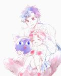  1boy 1girl age_difference bishoujo_senshi_sailor_moon chibi_chibi closed_eyes ere_(1231_kuro_96) hand_on_another&#039;s_head happy highres luna-p open_mouth partially_colored seiya_kou sitting 