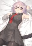  1girl armpits bare_shoulders black-framed_eyewear black_legwear blush breasts closed_mouth commentary_request eyebrows fate/grand_order fate_(series) glasses highres jonsun looking_at_viewer lying medium_breasts nail_polish necktie on_back out_of_frame pantyhose purple_hair red_necktie shielder_(fate/grand_order) short_hair solo violet_eyes 