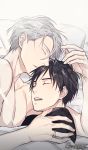  2boys black_hair closed_eyes gearous jewelry katsuki_yuuri lying male_focus multiple_boys on_side parted_lips pillow ring shirtless silver_hair sleeping under_covers viktor_nikiforov yaoi yuri!!!_on_ice 