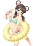  1girl :d bare_shoulders bikini black_hair breasts brown_eyes green_bikini hair_rings hair_tubes ice_cream_cone innertube long_hair looking_at_viewer mochi.f navel open_mouth simple_background small_breasts smile solo soul_calibur soulcalibur swimsuit white_background yan_leixia 