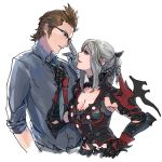  1boy 1girl aranea_highwind breasts brown_hair cleavage eye_contact final_fantasy final_fantasy_xv fuyu_(sssnx) glasses gloves grey_hair hand_on_hip ignis_scientia looking_at_another necktie 