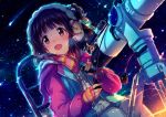  1girl :d animal_earmuffs bangs bear black_hair blunt_bangs blush breath brown_eyes chair cold dutch_angle earmuffs fingerless_gloves flat_chest gloves hair_ornament holding hood hood_down hooded_jacket idolmaster idolmaster_million_live! ima_(lm_ew) jacket light_particles long_sleeves looking_up nakatani_iku night night_sky one_side_up open_clothes open_jacket open_mouth pants pink_scarf polka_dot scarf shooting_star short_hair sitting sky smile solo star_(sky) telescope twilight white_pants zipper 
