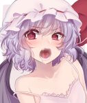  1girl alternate_costume asa_(coco) bat_wings blush camisole collarbone eyebrows_visible_through_hair eyes_visible_through_hair fangs flat_chest hat hat_ribbon lavender_hair looking_at_viewer mob_cap open_mouth red_eyes remilia_scarlet ribbon saliva saliva_trail short_hair slit_pupils solo strap_slip teeth tongue touhou upper_body wings 