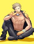  1boy abs belt brown_hair full_body gloves holding holding_poke_ball jacket_on_shoulders looking_to_the_side male_focus muscle nipples orange_gloves pants parted_lips poke_ball pokemon pokemon_go shadow shirtless simple_background sitting smile solo spark_(pokemon) wadani_hitonori yellow yellow_background 