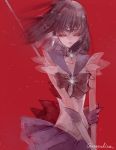  1girl aose_akira artist_name bangs bishoujo_senshi_sailor_moon black_hair bow circlet closed_eyes crystal earrings floating_hair jewelry purple_skirt red_background red_bow sailor_saturn short_hair signature simple_background skinny skirt solo tomoe_hotaru v_arms 