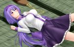  1girl biwa_lute black_skirt blush breasts closed_mouth cosplay flower gnlo hair_between_eyes hair_flower hair_ornament highres instrument large_breasts long_hair long_sleeves looking_away low_twintails lute_(instrument) lying on_back purple_hair shirt skirt solo touhou tsukumo_benben tsukumo_yatsuhashi tsukumo_yatsuhashi_(cosplay) twintails very_long_hair violet_eyes white_shirt 
