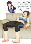  /\/\/\ 2girls :o absurdres bangs barefoot blue_nails bodysuit breasts brown_eyes brown_hair couch covering_mouth curvy d.va_(overwatch) feet glasses hair_bun hair_ornament hair_stick hand_on_own_stomach headphones highres large_breasts long_hair looking_at_another mei_(overwatch) midriff multiple_girls nail_polish overwatch pants slouching streamingsun tank_top toenail_polish toes whisker_markings yoga_pants yuri 