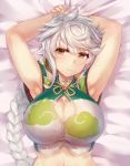  1girl armpits braid breasts brown_eyes cleavage kantai_collection large_breasts long_hair lying navel on_back smile solo unryuu_(kantai_collection) white_hair yamaarashi 