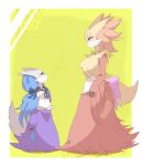  2girls blue_hair commentary_request delphox furry glasses highres long_hair multiple_girls no_humans oppai_751 personification pokemon size_difference 