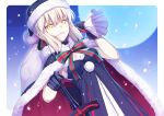  1girl bangs benitsuki_tsubasa black_gloves blonde_hair blue_dress breasts cleavage cloak dark_excalibur dress dutch_angle eyebrows_visible_through_hair fate/grand_order fate_(series) full_moon fur_trim gloves green_ribbon grin hair_between_eyes hair_ribbon hat holding holding_sword holding_weapon looking_at_viewer medium_breasts moon red_ribbon ribbon saber saber_alter sack santa_alter santa_hat smile snow solo striped striped_ribbon sword teeth weapon yellow_eyes 