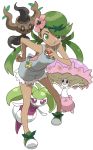  1girl :q apron bare_arms bare_shoulders closed_mouth cutoffs dark_skin flower full_body green_eyes green_hair green_shoes hair_flower hair_ornament hand_on_hip highres holding holding_poke_ball leaning_forward looking_at_viewer mallow_(pokemon) no_socks perspective phantump poke_ball pokemon pokemon_(creature) pokemon_(game) pokemon_sm shiinotic shoes shorts simple_background sleeveless smile steenee tareme tongue tongue_out trial_captain twintails white_background yamamoto_souichirou 