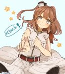  1girl anchor belt blue_eyes blush breast_pocket breasts brown_hair buttons cowboy_shot dress eyebrows_visible_through_hair grey_eyes hair_between_eyes hair_ornament ina_(1813576) kantai_collection large_breasts long_hair looking_at_viewer neckerchief pointing pointing_at_viewer ponytail red_neckerchief saratoga_(kantai_collection) side_ponytail sidelocks simple_background smile smokestack solo star twitter_username white_dress 