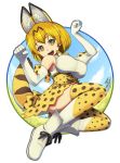  1girl animal_ears animal_print bare_shoulders blonde_hair blue_sky boots bow breasts clouds elbow_gloves full_body gloves kemono_friends large_breasts looking_at_viewer maruta_kentarou open_mouth savannah serval_(kemono_friends) serval_ears serval_print serval_tail shirt short_hair skirt sky sleeveless sleeveless_shirt solo tail thigh-highs tree white_boots white_shirt yellow_eyes 