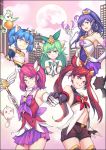  5girls armor bare_shoulders blue_eyes blue_hair breasts building cal_(pmgdd) city drill_locks elbow_gloves familiar fang fingerless_gloves forehead_jewel full_moon gloves green_eyes green_hair hair_ornament hand_holding hand_on_hip highres janna_windforce jinx_(league_of_legends) league_of_legends long_hair looking_at_viewer lulu_(league_of_legends) luxanna_crownguard magical_girl moon multiple_girls navel pink_sky pleated_skirt pointy_ears poppy purple_hair red_eyes redhead school_uniform serafuku shirt shorts skirt sky sleeveless sleeveless_shirt smile smoke sparkle staff star_guardian_janna star_guardian_jinx star_guardian_lulu star_guardian_lux star_guardian_poppy teeth twintails violet_eyes yordle 