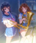  ! 2016 2girls bangs black_hair blouse blue_skirt blurry brown_eyes brown_hair chair closed_mouth collarbone curly_hair dated depth_of_field drainpipe euphonium eyebrows_visible_through_hair eyelashes fangxiang_cuoluan flat_chest floor hibike!_euphonium instrument kneehighs kousaka_reina light_particles long_hair looking_at_viewer miniskirt multiple_girls neckerchief oumae_kumiko pleated_skirt school_uniform serafuku shade sheet_music shiny shiny_hair short_sleeves sitting skirt smile standing trumpet violet_eyes wall white_blouse white_legwear window 