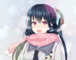  1girl :d black_hair blue_ribbon blush breath emblem eyebrows_visible_through_hair hair_between_eyes hair_ribbon looking_at_viewer nose_blush nyanmaru_(ememing) open_mouth phantasy_star phantasy_star_online_2 pink_scarf red_eyes ribbon scarf school_uniform serafuku smile solo upper_body washinomiya_koori 