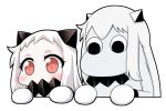  (o)_(o) 1girl black_eyes blush collaboration covered_mouth horns kantai_collection long_hair looking_at_viewer mittens muppo northern_ocean_hime peeking_out red_eyes sazanami_konami shinkaisei-kan simple_background white_background white_hair white_skin yamato_nadeshiko 