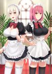  2girls :d alternate_costume apron arato_hisako backlighting black_legwear blonde_hair bow bowtie breasts brown_eyes cleavage enmaided framed_breasts frilled_apron frilled_legwear frilled_sleeves frills garters hand_on_hip large_breasts looking_at_viewer maid maid_apron maid_headdress mop multiple_girls nakiri_alice open_mouth pink_hair plant potted_plant prime red_bow red_eyes shokugeki_no_souma short_hair short_sleeves skindentation smile standing thigh-highs underbust white_legwear window wrist_cuffs zettai_ryouiki 