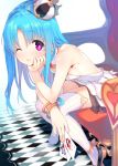  1girl bare_shoulders blue_hair blush bracelet breasts card chair chin_rest commentary_request crown dress from_side heart heart-shaped_pupils jewelry long_hair looking_at_viewer mini_crown one_eye_closed original parted_lips playing_card red_eyes sideboob sitting small_breasts smile solo striped striped_legwear symbol-shaped_pupils tatami_to_hinoki thigh-highs vertical-striped_legwear vertical_stripes white_dress white_legwear 