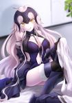  &gt;:q 1girl ahoge armor armored_dress bangs bare_shoulders black_gloves black_legwear blurry blush breasts chains cleavage commentary_request depth_of_field detached_sleeves fate/grand_order fate_(series) gloves greaves headpiece jeanne_alter long_hair looking_at_viewer medium_breasts navel pale_skin ruler_(fate/apocrypha) sidelocks silver_hair sitting smile solo sushimaro thigh-highs tongue tongue_out very_long_hair yellow_eyes 