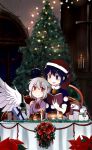  2girls aqua_scarf bell blue_eyes blue_hair book bottle bow bowtie box buna_shimeji_(keymush) candle candlelight chicken_(food) christmas christmas_tree commentary_request doremy_sweet dress feathered_wings food gift gift_box half_updo hat kishin_sagume multiple_girls nightcap open_mouth pom_pom_(clothes) pumpkin purple_dress purple_scarf red_bow red_bowtie red_eyes red_flower red_ribbon ribbon scarf short_hair short_sleeves side_ahoge single_wing smile snowman star tail touhou white_hair white_wings window wings 