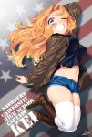  1girl ;d american_flag blew_andwhite blonde_hair blue_eyes blush bomber_jacket boots breasts denim denim_shorts girls_und_panzer groin highres jacket jumping kay_(girls_und_panzer) large_breasts long_hair midriff navel one_eye_closed open_mouth shorts skindentation smile solo thigh-highs thighs white_legwear 