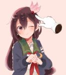  1girl blue_jacket brown_eyes brown_hair crescent crescent_moon_pin gloves hair_ornament itomugi-kun jacket kantai_collection kisaragi_(kantai_collection) long_hair neckerchief one_eye_closed red_neckerchief remodel_(kantai_collection) school_uniform serafuku single_hand white_gloves 