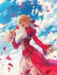  1girl ahoge blue_sky blurry braid breasts clouds cloudy_sky day depth_of_field dress epaulettes fate/extra fate_(series) flower french_braid hair_ribbon harupy highres holding holding_flower juliet_sleeves large_breasts long_dress long_sleeves outdoors petals puffy_sleeves red_dress red_ribbon red_rose ribbon rose saber_extra see-through short_hair_with_long_locks sky solo white_leotard 
