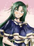  1girl blush bow breasts capelet green_eyes green_hair hair_rings large_breasts long_hair looking_at_viewer mima narrowed_eyes no_hat no_headwear solo touhou touhou_(pc-98) under_boob upper_body yohane 