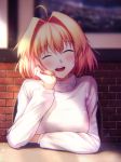  1girl :d ^_^ ^o^ antenna_hair arcueid_brunestud blurry blush brick_wall chair closed_eyes day depth_of_field eyebrows_visible_through_hair fal hand_on_own_cheek head_tilt light_particles long_sleeves open_mouth sitting smile solo sunlight sweater table tsukihime turtleneck turtleneck_sweater type-moon upper_body white_sweater 
