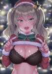  1girl alternate_costume aqua_eyes bell black_bra blurry_background bra breasts capelet cleavage cossory eyebrows_visible_through_hair fur_trim hair_ornament hat highres kantai_collection kashima_(kantai_collection) lace lace-trimmed_bra large_breasts long_sleeves looking_at_viewer open_mouth santa_costume santa_hat shiny shiny_hair shiny_skin shirt_lift silver_hair solo teeth twintails underwear 