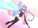  1girl blue_eyes braid breasts choujigen_game_neptune cleavage cleavage_cutout dutch_angle female hair_ornament hairpods highres holding holding_sword holding_weapon knees_together_feet_apart large_breasts legs looking_at_viewer neptune_(choujigen_game_neptune) neptune_(series) purple_hair purple_heart rigani serious solo sword symbol-shaped_pupils twin_braids very_long_hair weapon wings 