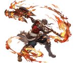  1boy axe back belt blue_eyes boots brown_hair fire fur_trim gloves granblue_fantasy headband minaba_hideo official_art ryan_(granblue_fantasy) scar solo transparent_background weapon 