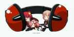  11eyes 3girls azuma_shione barrette chibi closed_eyes headphones highres kouno_mio lass_(company) multiple_girls natsuki_kaori pink_hair redhead school_uniform sitting sleeping 