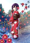  1girl :t absurdres blurry blush closed_mouth day depth_of_field facepaint fence floral_print flower from_behind full_body hagoita hair_between_eyes hair_ornament hanetsuki head_tilt highres japanese_clothes kanzashi kimono looking_at_viewer looking_back obi original outdoors paddle petals purple_hair sash scan short_hair solo standing tamakake violet_eyes wooden_fence yukata 